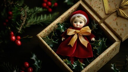 A beautifully designed open gift box, showcasing a Christmas doll in a red velvet dress, with a gold ribbon tied around its waist, surrounded by holly leaves