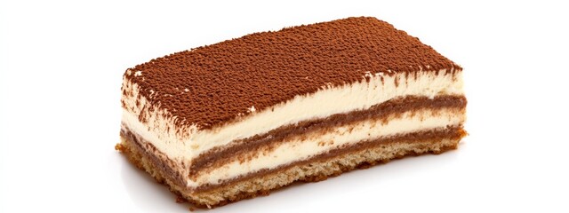 Fototapeta premium A slice of decadent tiramisu with cocoa dusting, isolated white background, realism art style
