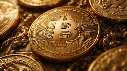 Naklejka premium Golden bitcoin cryptocurrency money, stock market 