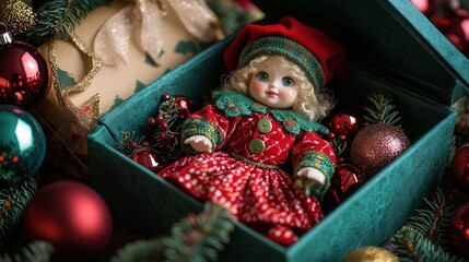 A beautifully wrapped open Christmas gift box, containing a vintage-style doll in a red-and-green Christmas outfit, surrounded by tiny decorative baubles.