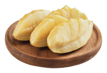 Delicious durian served on a wooden platter, cut out - stock png.