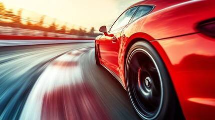 A red sports car speeds down a road at sunset.