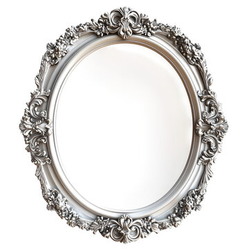 Oval silver frame with ornate baroque decorations and transparent background, perfect for adding a touch of elegance to any design project