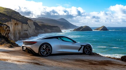 Obraz premium A silver sports car parked on a cliff overlooking the ocean.