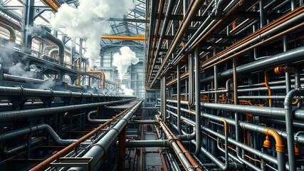 Industrial Pipes Network, Modern Facility, Metal Ducts, Machinery