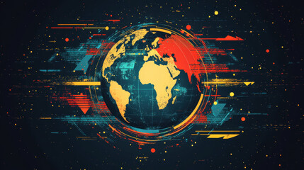 Naklejka premium Laissez-Faire Capitalism. A vibrant, digital representation of the Earth, surrounded by colorful abstract shapes and patterns, symbolizing global connectivity and technology.
