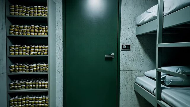 Minimalist underground bunker room with bunk beds and canned food storage, related to survivalism and emergency preparedness