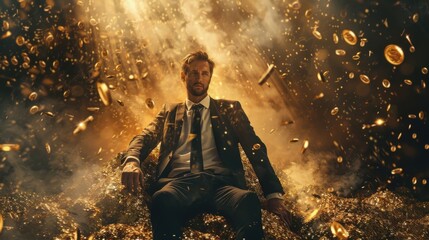 Fototapeta premium The Apex of Achievement: A Man at the Pinnacle of His Career. businessman sitting on a pile of gold coins.