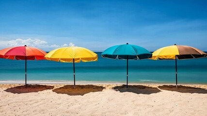 Colorful umbrellas line a serene beach, symbolizing summer vacations and tropical getaways