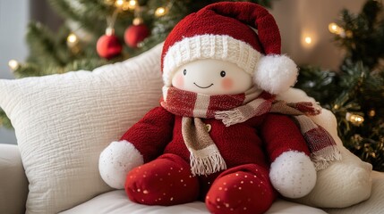 A charming Christmas gift box opened to show a plush doll wearing a festive red jacket and scarf, lying on a soft white pillow, perfect for gifting.