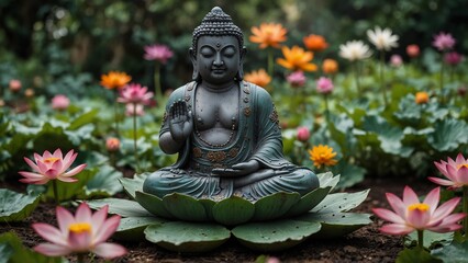 Fototapeta premium Pengis, the immortal god statue, sitting on a lotus, surrounded by a lush garden with vibrant flowers, with immortality and rebirth symbols carved on the base.
