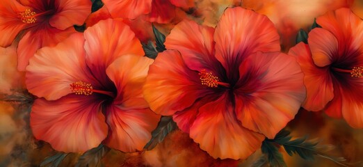 Fototapeta premium Vibrant hibiscus flowers in orange and red hues, showcasing intricate petals and lush green leaves, creating a tropical ambiance., copy space for text