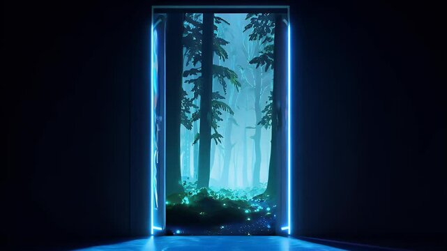 In a dark room, a neon-outlined door glows and opens to a magical forest filled with bioluminescent plants
