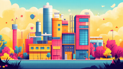 Laissez-Faire Capitalism. A vibrant, colorful illustration of a modern industrial building surrounded by trees and a clear sky, featuring various architectural elements.