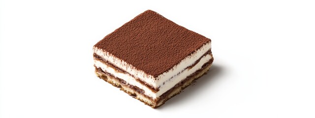A slice of rich tiramisu with cocoa powder dusting, isolated white background, realism art style