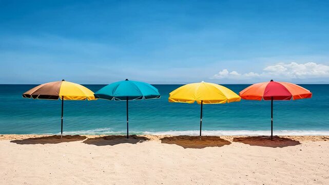Colorful beach umbrellas on a sunny shore, perfect for summer vacations and tropical getaways