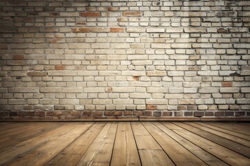 A weathered brick wall features varying shades with visible mortar joints. Below, a polished empty wooden floor adds warmth, creating an inviting space for artistic endeavors or gatherings. AI