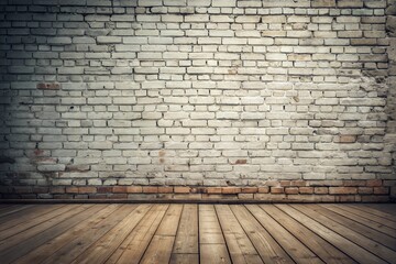 Fototapeta premium Textured brick wall and empty wooden floor create a rustic atmosphere for interior design and photography projects. Generative AI