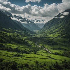 Obraz premium A lush green valley beneath cloud-covered peaks.