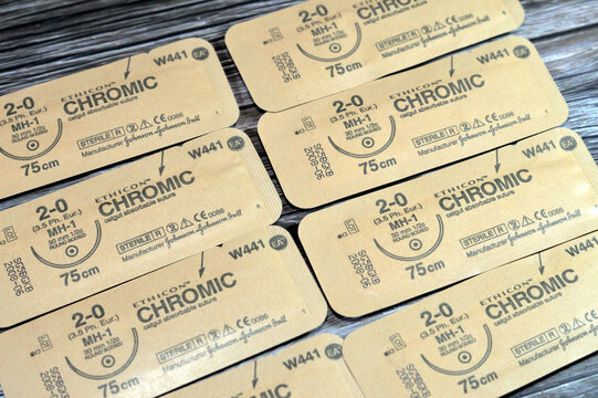 Cairo, Egypt, October 13 2024: ETHICON Chromic surgical gut sutures, catgut absorbable suture, 2-0, used in general soft tissue approximation, ligation, including use in ophthalmic procedures