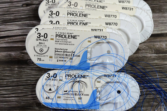 Cairo, Egypt, October 13 2024: ETHICON Prolene blue color suture 3-0 Polypropylene, Non Absorbable wound closure surgical sutures, non-absorbable, sterile surgical suture for skin closure
