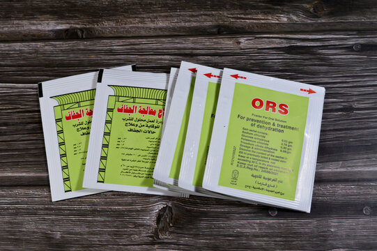 Cairo, Egypt, November 23 2024: ORS Oral Rehydration salt powder for oral solution sachets, for prevention and treatment of dehydration, by Pharo Pharma CO, replacement therapy for diarrhea for kids