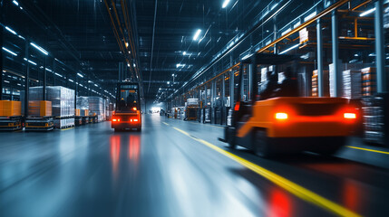 A dynamic warehouse scene with automated forklifts transporting goods and digital systems ensuring optimal space usage and inventory accuracy