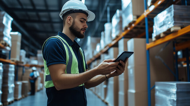 Workers scanning items with handheld devices in a spacious, efficiently arranged warehouse with clear pathways and signage