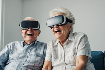 Seniors enjoying virtual reality experience with laughter at home