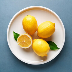 Lemons fruit whole and cut slices with green leaves in white plate top view. Organic natural food