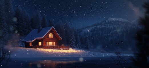 Fototapeta premium Cozy winter cabin in snowy landscape, warm light glowing from windows, surrounded by snow-covered trees and mountains, starry night sky, copy space for text