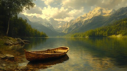 Obraz premium Serene Mountain Lake with Wooden Rowboat