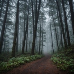 Obraz premium A forest path disappearing into low-hanging fog.