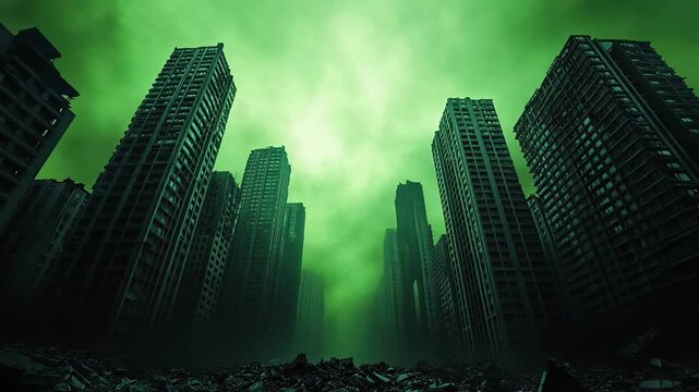 Tall, abandoned skyscrapers loom over a foggy urban landscape, evoking themes of dystopia and Halloween