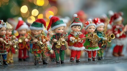 A Christmas parade of dolls marching in colorful holiday outfits with tiny musical instruments