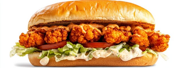 A spicy buffalo cauliflower sandwich with shredded lettuce, tomato slices, and a drizzle of ranch dressing on a toasted brioche bun