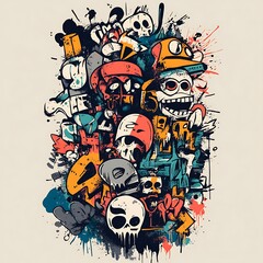 Obraz premium Colorful Graphic Design of Skulls and Abstract Elements