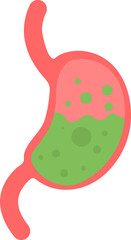 Stylized illustration of a red human stomach with green and pink contents, bubbles indicating digestion.
