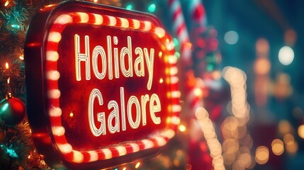 A Christmas promotional sign with a glowing red and white candy cane border, showcasing "Holiday Deals Galore" in bright letters.