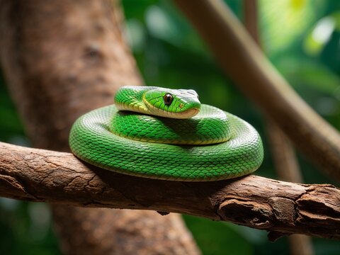 Vibrant green tree python curled on a branch in a lush tropical environment