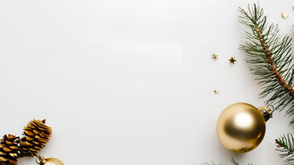 Top view photo of gold and glowing silver christmas tree balls pine cones small stars and serpentine on pine branches on isolated white background with blank space
