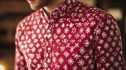 A classic red and white long-sleeved shirt with a subtle, festive pattern of snowflakes, perfect for a simple and beautiful look on Christmas Day