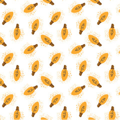 Pattern of Christmas lights in trendy groovy retro style. String of yellow holiday lights. Happy New year and Merry Christmas seamless background. 70s Vibes groovy bulbs. Vector wallpaper.