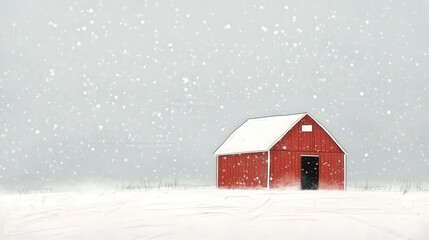 A classic red barn in a snow-covered field, with snowflakes falling against a pale gray sky