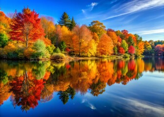 Serene Lake Reflections: Autumn Colors of Red, Orange, and Yellow Leaves Framing a Tranquil Water Scene in a Scenic Natural Landscape