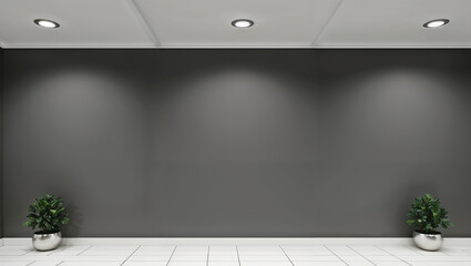 a minimalist interior design style featuring a modern, empty room with a dark gray wall with two small, round potted plants placed on the white tiled floor