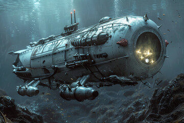 Beautiful large bathyscaphe floating in middle of ocean during exploration