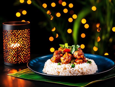 Burmese hin hto min, glutinous rice with chicken curry, aromatic and comforting on a banana leaflined plate