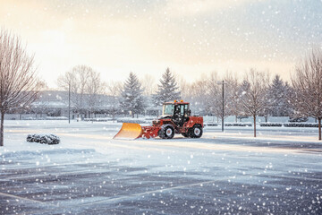 Snow plow truck removing snow in a parking lot during snowfall