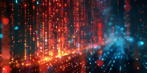 A glitched matrix of digital code flowing down a virtual screen, creating an illusion of movement 